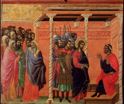 Jesus foran Pontius Pilatus. Maesta altertavle (tempera og gull på tre av Duccio di Buoninsegna
