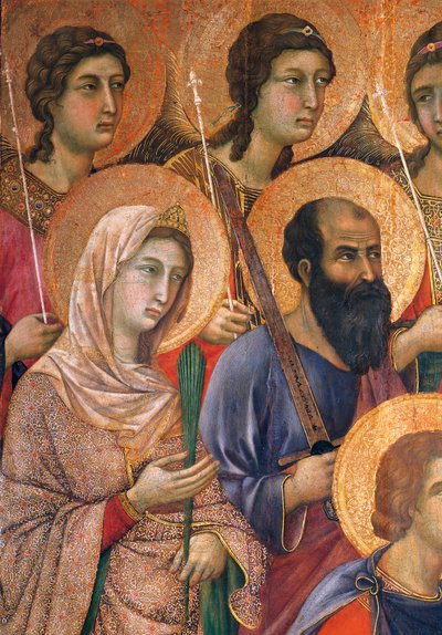 Maesta 'of Duccio altertavle i katedralen i Siena av Duccio di Buoninsegna (cirka 1255 - før 1319), tempera på tre, 212x425 cm, detalj av Duccio di Buoninsegna