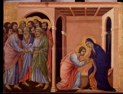 Maria tar avskjed med Johannes, på utsiden håndhilser apostlene Peter og Paulus. Detalj av Maesta (tempera og gull på tre av Duccio di Buoninsegna