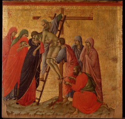 Lidenskap: avsetningen. Maesta altertavle (tempera og gull på tre av Duccio di Buoninsegna