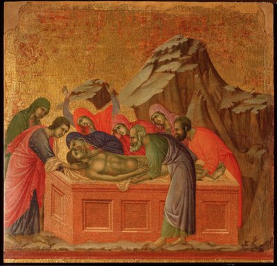 Lidenskap: gravleggingen. Maesta altertavle (tempera og gull på tre av Duccio di Buoninsegna