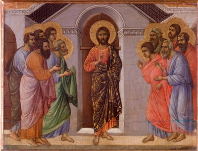 Den oppstandne Jesus viser seg for apostlene. Maesta altertavle (tempera og gull på tre av Duccio di Buoninsegna
