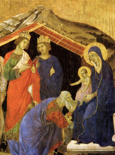 Tilbedelsen av magiene. Detalj av Maesta-altertavlen, ca 1308-1311 av Duccio di Buoninsegna