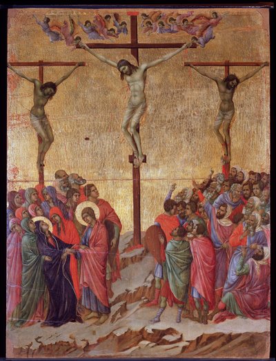 Korsfestelsen. På sidene, den gode tyven (Dismas) og den ubotferdige tyven (Gestas). Maesta altertavle (tempera og gull på tre av Duccio di Buoninsegna