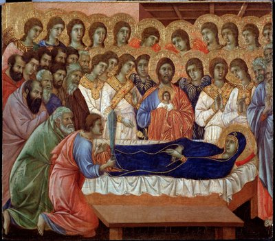 Jomfruens sovesal (detalj av Maesta) (maleri av Duccio di Buoninsegna