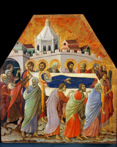 Jomfruens begravelse, Saint John med håndflaten åpner veien (tempera på tre av Duccio di Buoninsegna