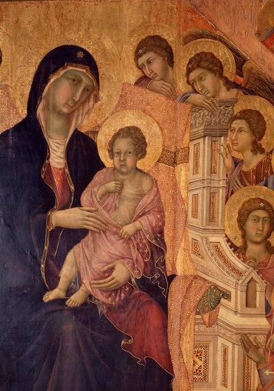 Jomfru og barn på tronen (La Maesta altertavle) (tempera og gull på tre) av Duccio di Buoninsegna