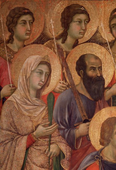 Jomfru og barn på tronen, detalj med helgen Katarina av Alexandria og helgen Paul. (La Maesta) (tempera og gull på tre av Duccio di Buoninsegna