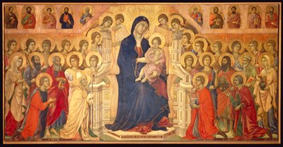 Jomfru tronet med Child, omgitt av engler og hellige, sentralpanelet til Maesta av Duccio di Buoninsegna