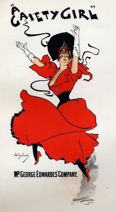 Kunst. Underholdning. En munter jente, operette av Owen Halls og Sidney Jones. Plakat av Dudley Hardy, England av Dudley Hardy