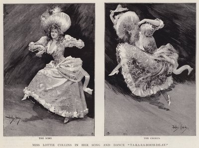 Den engelske musikksangeren og danseren Lottie Collins fremfører sin populære sang Ta-Ra-Ra-Boom-De-Ay (litho) av Dudley Hardy