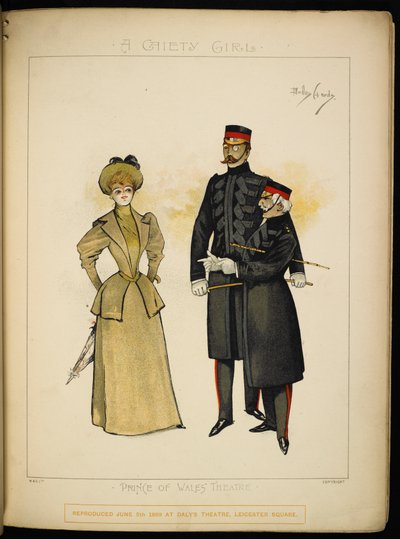 En av Gaiety-jentene, og to offiserer fra Livgarden. av Dudley Hardy