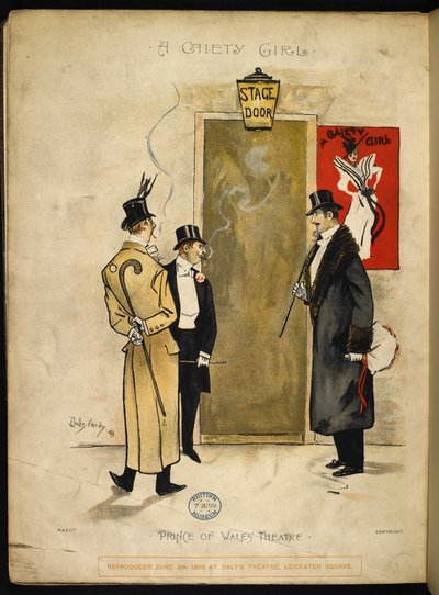 Tre herrer som venter utenfor scenedøren på at Gaiety-jenter skal dukke opp. av Dudley Hardy