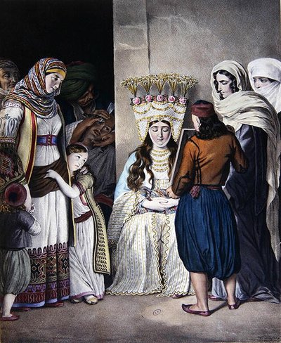 Gresk-ortodoks bryllup i Athen (ca. 1825) (farge litho) av Dupre Dupre