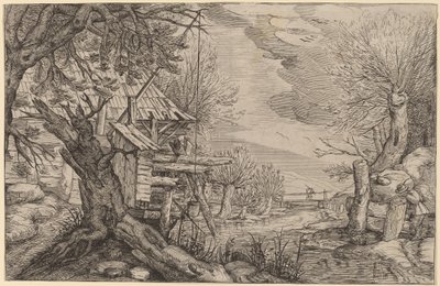 Landskap med tømmerhus nær en elv av Dutch 17th Century, formerly Jacques de Gheyn II