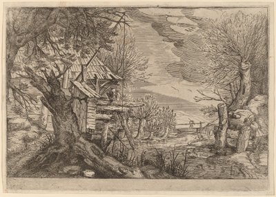 Landskap med tømmerhus nær en elv av Dutch 17th Century, formerly Jacques de Gheyn II