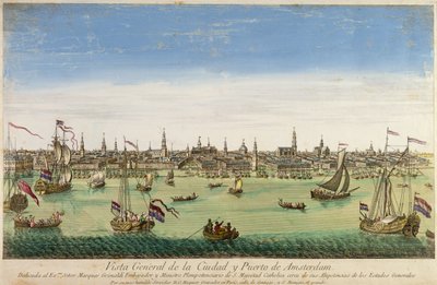 Et generelt syn på havnen og byen Amsterdam, gravering av D.G. Hucquier, 1500-tallet av Dutch School