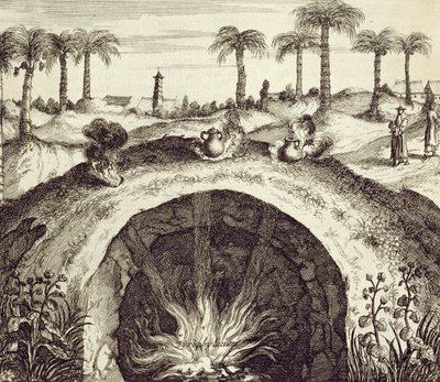 En gigantisk underjordisk dampkoker, fra Kina illustrert av Athanasius Kircher (1601-80) 1667 av Dutch School