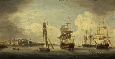 A Sea Port (olje på panel, mahogni) av Dutch School