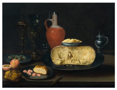 Et stilleben med ost, smør, brød, reker, appelsiner, oliven og vin på et bord av Dutch School
