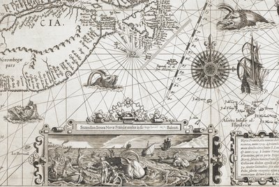 En detalj av to gammeldagse hvallignende sjømonstre og et innfelt med mer naturtro hvaler, fra 'Nova Francia, alio nomine dicta Terranova, anno 1504...' av Dutch School