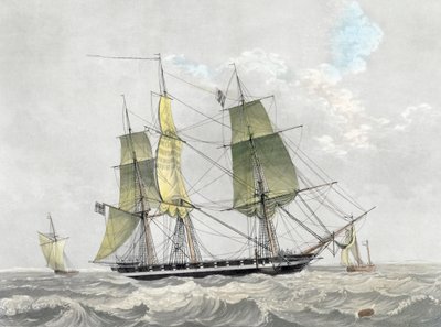 Amerikansk marinekorvett under seil, tidlig på 1800-tallet (trykk) av Dutch School