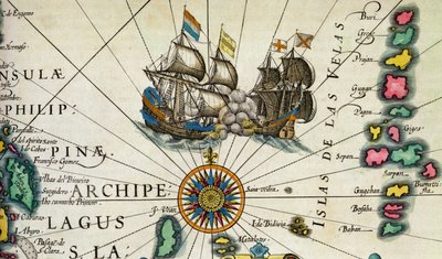 C.3.c.8 Kampskip, utenfor Filippinene, detalj fra s.361-2 (De østindiske øyer), Mercators 'Atlas...' av Dutch School
