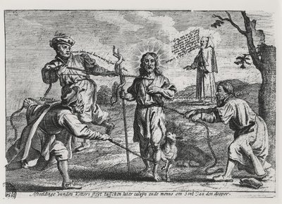 Karikatur av Luther, Calvin og Menno Simons som bestrider Kristus og hans lære av Dutch School