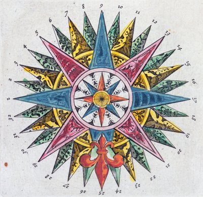 Compass Rose, fra en Blaue Atlas, utgitt i Amsterdam, 1697 av Dutch School