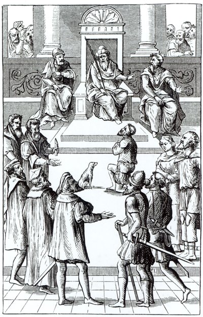 Tilståelse for rettelser for domstolen, etter et tresnitt i Praxis Rerum Criminalium av Joos de Damhouder (1507-81) publisert Antwerpen, 1556 av Dutch School