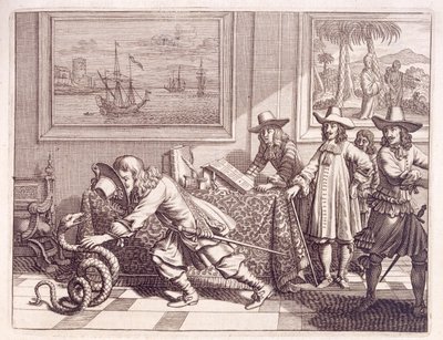 Håndterer en kobra som har invadert de nederlandske offisersrommene, 1672 av Dutch School
