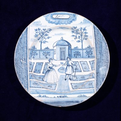 Delftvareplate som viser april måned (tinnglasert lertøy) av Dutch School