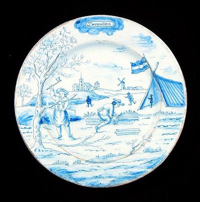 Delftvareplate som viser desember måned (tinnglasert lertøy) av Dutch School