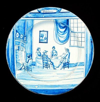 Delftvareplate som viser februar måned (tinnglasert lertøy) av Dutch School