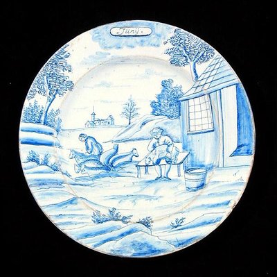 Delftvareplate som viser juni måned (tinnglasert lertøy) av Dutch School