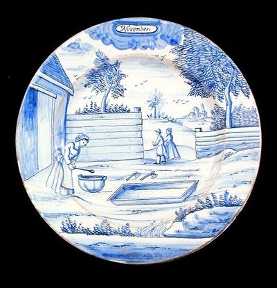Delftvareplate som viser november måned (tinnglasert lertøy) av Dutch School
