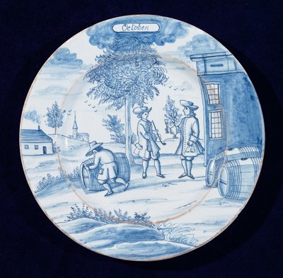 Delftvareplate som viser oktober måned (tinnglasert lertøy) av Dutch School