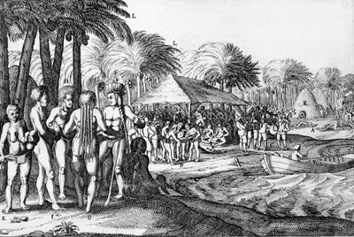 Dutch traders entertain local Polynesians av Dutch School
