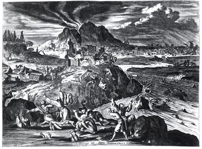 Jordskjelv i Edo (Tokyo) i 1659, illustrasjon fra beretningen av Arnold Montanus om ambassader sendt av det nederlandske østindiske kompaniet til keiseren av Japan, publisert i Amsterdam 1669 ( av Dutch School