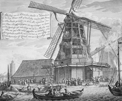 Bekjempe en brann i en vindmølle nær Worden, fra en bok om brannbekjempelse i Holland, utgitt ca. 1700 av Dutch School