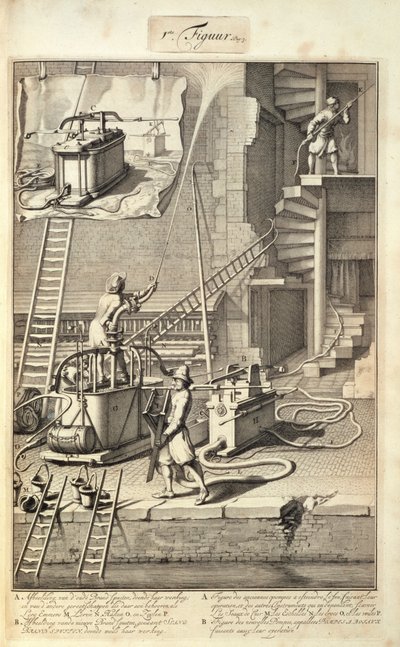 Firefighting Machinery, fra en bok om Firefighting in Holland, utgitt ca.1700 av Dutch School