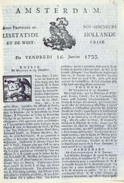 Forsiden av La Gazette dAmsterdam, 16. januar 1733 (trykt papir) av Dutch School