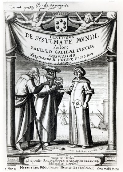 Frontispice av Dialogus De Systemate Mundi av Galileo (1564-1642), utgitt i Leyden 1635 av Dutch School