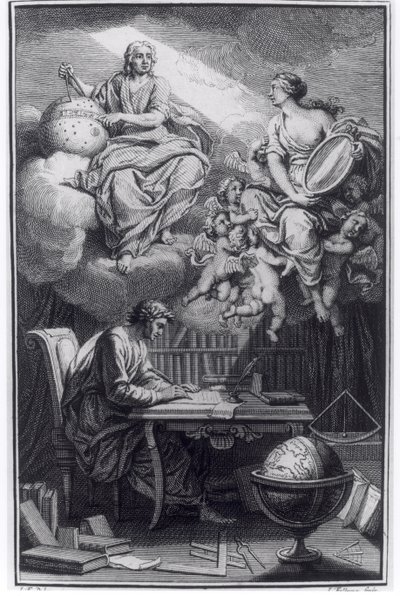 Frontispice av Elemens de la Philosophie de Neuton av Voltaire (1694-1778) utgitt i Amsterdam, 1738 av Dutch School