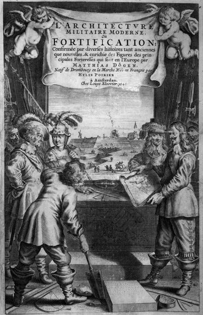 Frontispice til LArchitecture Militaire Moderne, ou Fortification av Matthias Dogen, gravert av Theodor Matham (ca. 1606-76), pub. av Chez Louis Elzevier, Amsterdam, 1648 av Dutch School