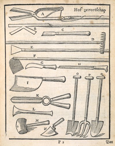 Hageredskaper, fra The Dutch Gardener av Johann van der Groen, utgitt 1699 av Dutch School