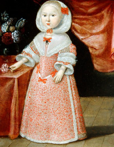 Jente som holder en rosa og hvit blomst, ca. 1640 (olje på kobber) av Dutch School