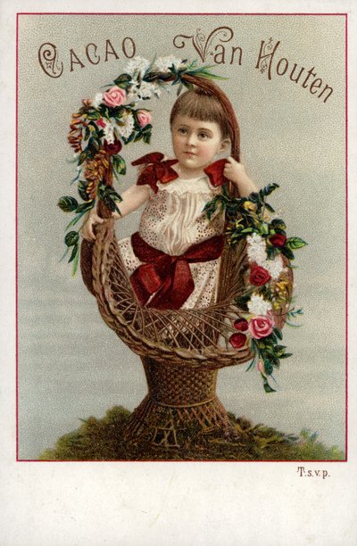 Jente med blomsterbukett, reklamesjokolade av Dutch School