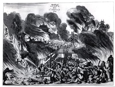 Stor brann i Yedo (Tokyo) på 1600-tallet, illustrasjon fra beretningen av Arnold Montanus om ambassader sendt av det nederlandske østindiske kompaniet til keiseren av Japan, publisert i Amsterdam 1680 av Dutch School