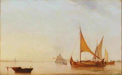 Harboring Boats at Dawn (olje om bord) av Dutch School